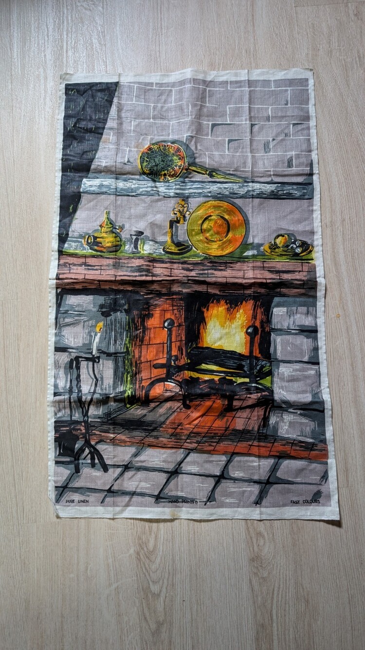 Vintage Mid-Century Vony Pure Linen Tea Towel Poland Fireplace Hand Printed